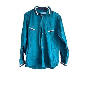 Mens Teal Lanzo Button-Up Long-Sleeve Shirt With Striped Pocket & Collar Detail